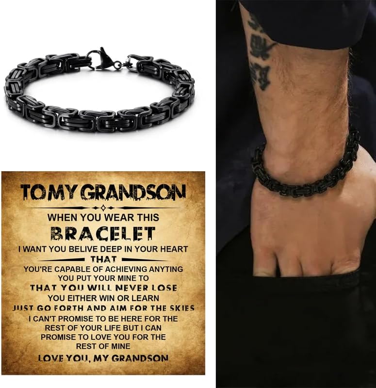 Grandson Bracelet Gift from Grandma and Grandpa, Black Link Bracelet For Grandson From Grandparents, Graduation Christmas Birthday Gifts With Message Card - Image 2