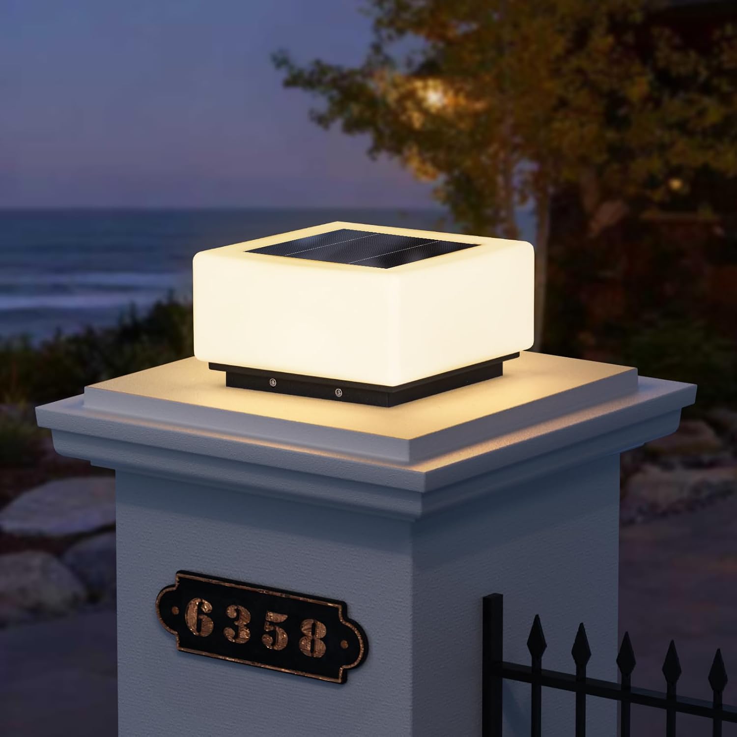 MVBT Solar Post Lights, 9.8" Pillar Light Outdoor, IP54 Waterproof Column Lights, 3000K LED E26 Bulb Modern Column Lamp Outside, Dusk to Dawn Pillar Lighting for Patio Garden Yard Gate Deck Backyard