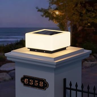 MVBT 9.8" Glass Solar Post Lights IP54 Waterproof Pillar Light Outdoor | 3000K Column Lights, LED E26 Bulb Modern Column Lamp Outside, Dusk to Dawn Pillar Lighting for Patio Garden Yard Gate Deck