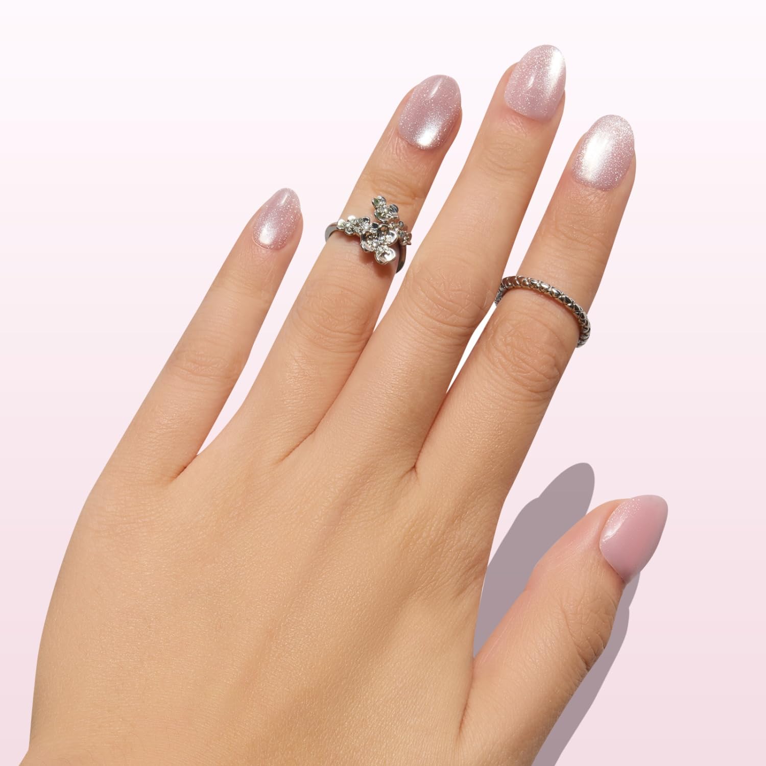 Nail Reformation Press On Nails, Soft Pink Shimmer Extra Short Round Fake Nails with Velvet Cat Eye, Reusable Stick On Nails Kit - 32 Pcs in 16 Sizes with Glue, Salon Quality, Manicure Gifts for Women