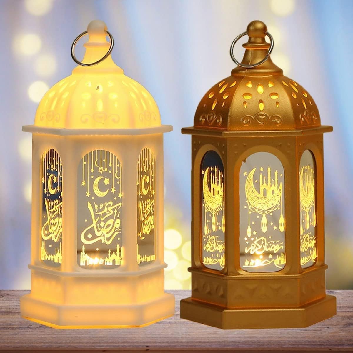 QianZhou-Uk Ramadan Lantern 5.5" Ramadan Decorations Eid Lights,Golden Eid Mubarak Candle Lantern Kids Gifts for Home, Table, Tree, Party, Porch (Gold+White)