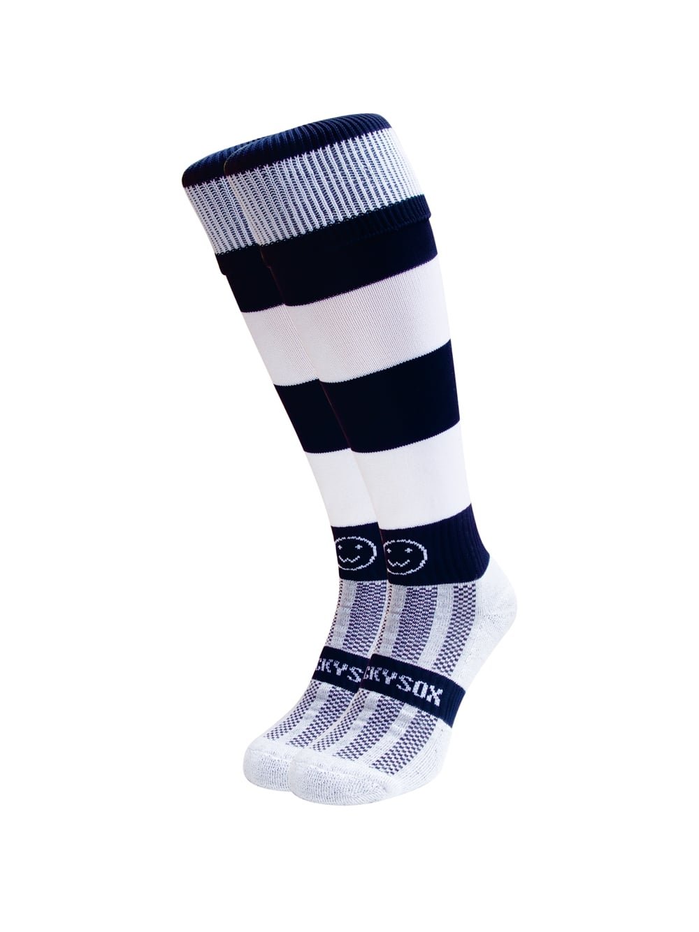 WackySox Navy Blue and White Hoop Knee Length Sports Socks, Rugby Socks, Hockey Socks