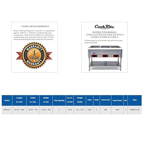 Miniatura 8 de ATOSA CSTEB-45 mesa de vapor eléctrica con estante inferior, 240 V