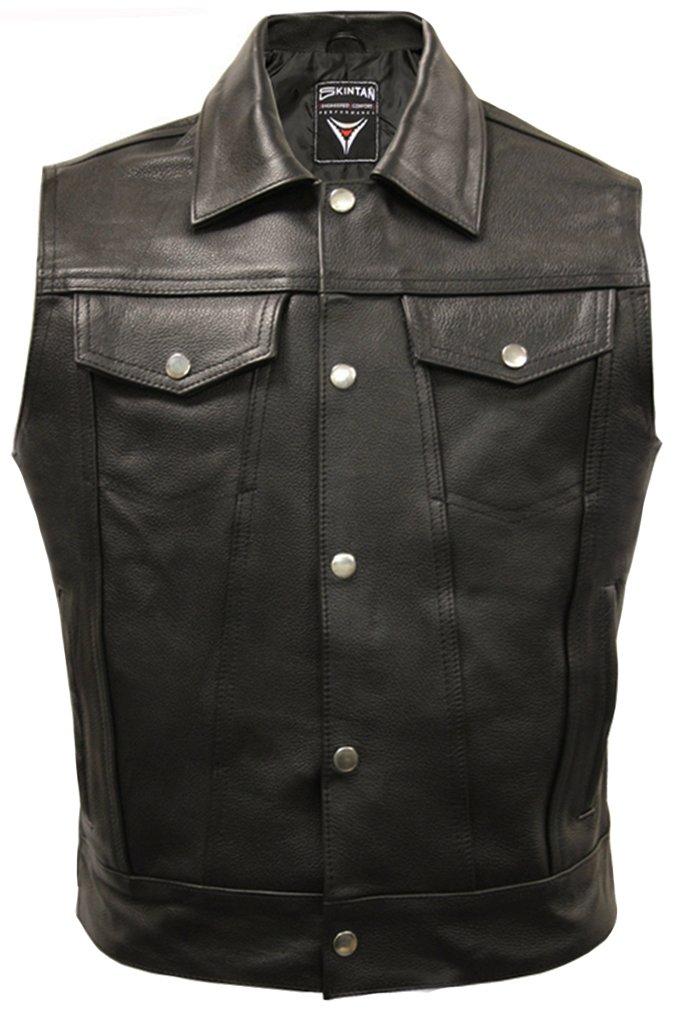Skintan Men's Black Leather Motorcycle Waistcoat Vest Cut Off - 5XL
