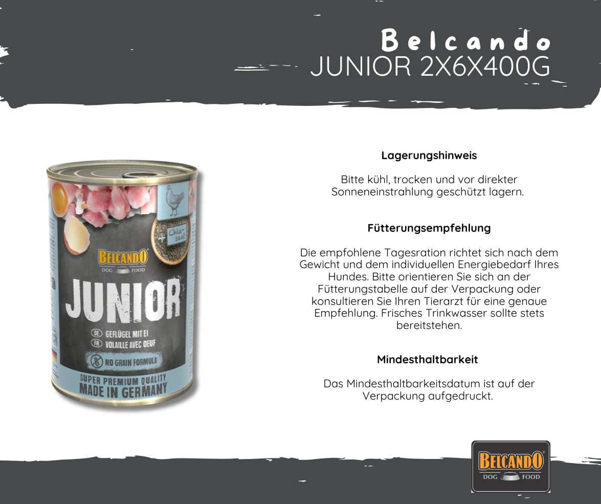 Belcando Junior Geflügel mit Ei 2x6x400g – Nassfutter für Welpen & Junghunde, hochwertiges Aufzuchtfutter mit Geflügel, schonend gegart - Hundefutter Bundle/Sparpaket - Made in Germany