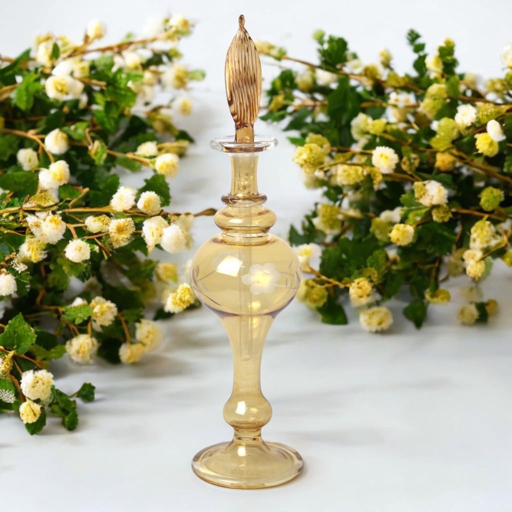 Hand-Blown Amber Glass Fragrance Bottle with Floral Etching, Handmade Vintage Refillable Perfume Decanter, Glass Perfume with Stopper, Decorative Vanity Accent for Perfume, Essential Oils, Home Decor