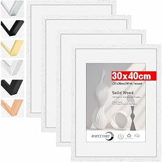 HIMEETIME® 4x Bilderrahmen,30x40 cm Weiss Rahmen Bild mit Passepartout Display a4 (21x30cm),Holzrahmen Holz-Bilderrahmen Echtholz | Picture Frame 30x40 Fotorahmen zum Aufhängen