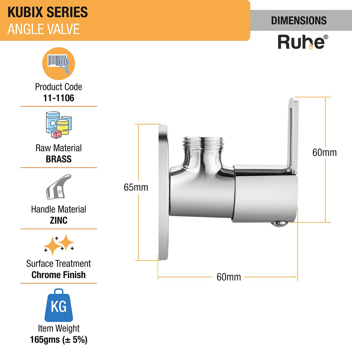 Ruhe Kubix Angle Valve Faucet - Chrome Finish -2