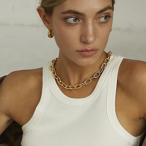 Miniatura 2 de VIROMY Collar grueso de oro chapado en oro de 18 quilates con perlas chapadas en oro de 18 quilates, cadena de eslabones con clip de papel, cadena