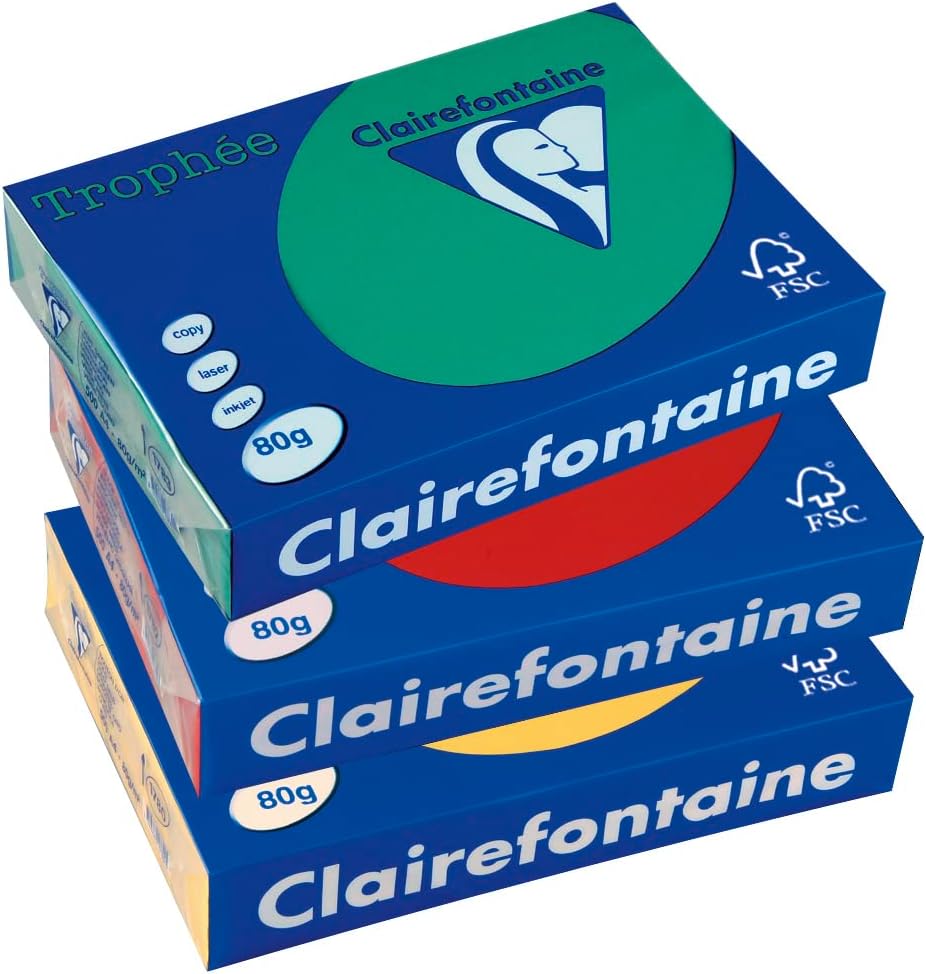 Clairefontaine pcf1876/0 Trophe Printer Paper, A4, 2.8 oz/sq ft (80 g/m2), 0.04 oz/sq ft (0.107 mm) Thick, Dark Color, Pack of 100 (5 Assorted Colors)