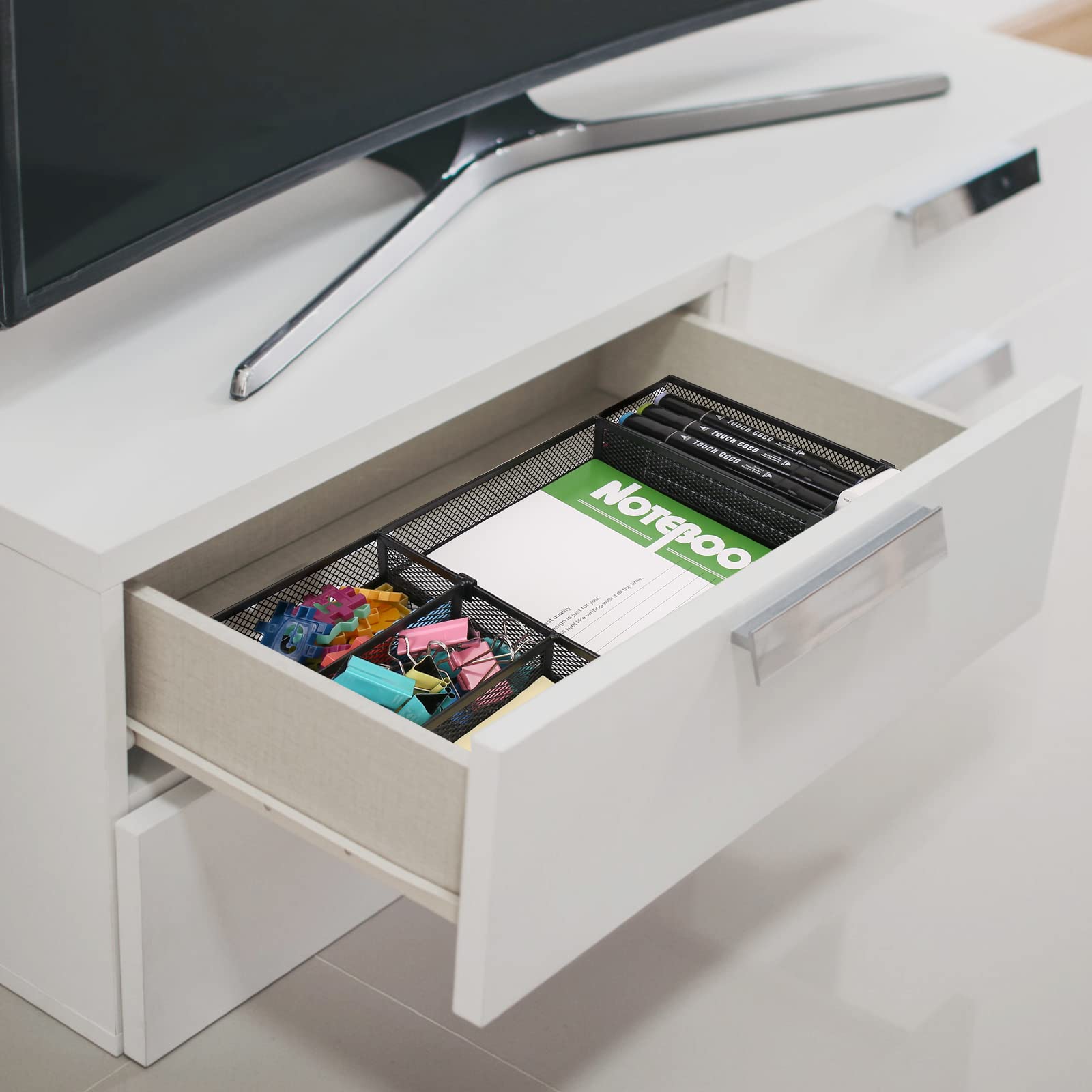Vassoio organizer da scrivania con scomparti regolabili, 6 cassetti in rete metallica a griglia, set multiuso per ufficio, casa, materiale scolastico, 31 x 22 x 3 cm