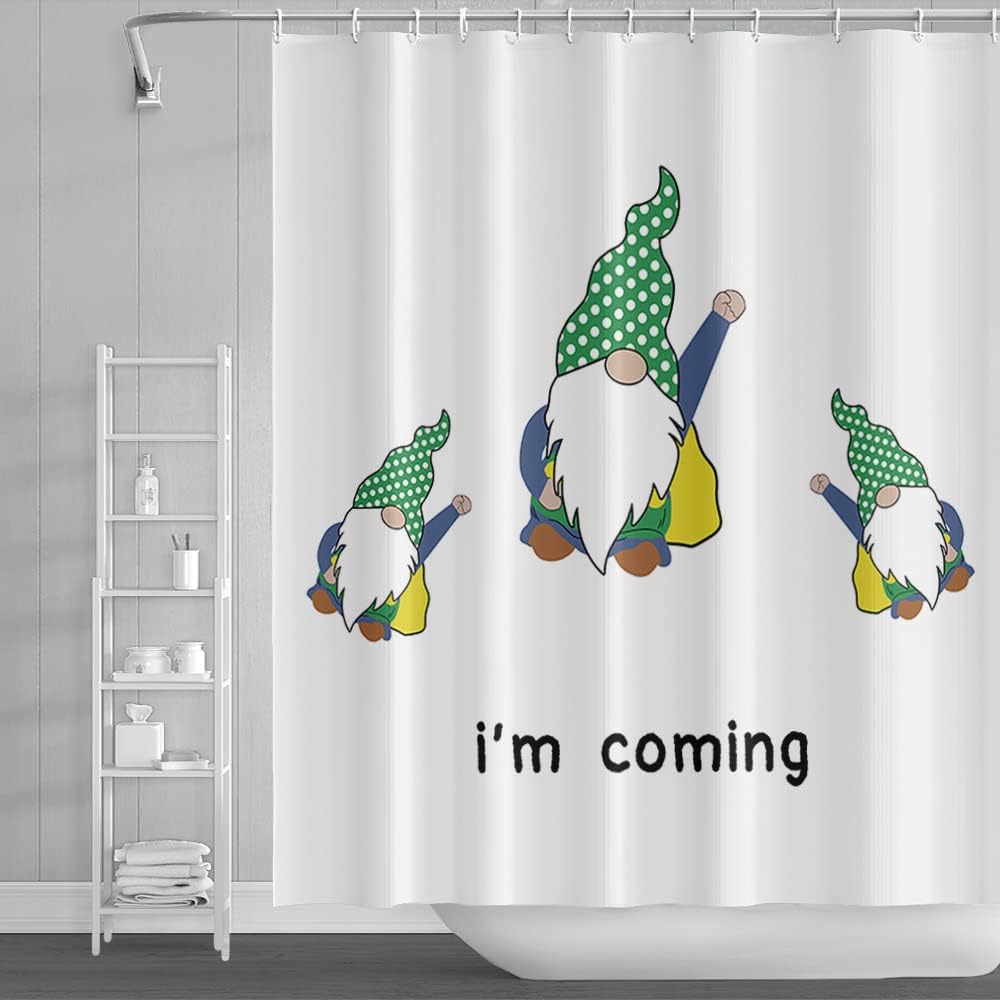 183x198cm Cute Gnome Shower Curtain Gnome with Green Hat Children's Bathroom Decorative Simple Modern Waterproof Bathtub Curtains with Hooks