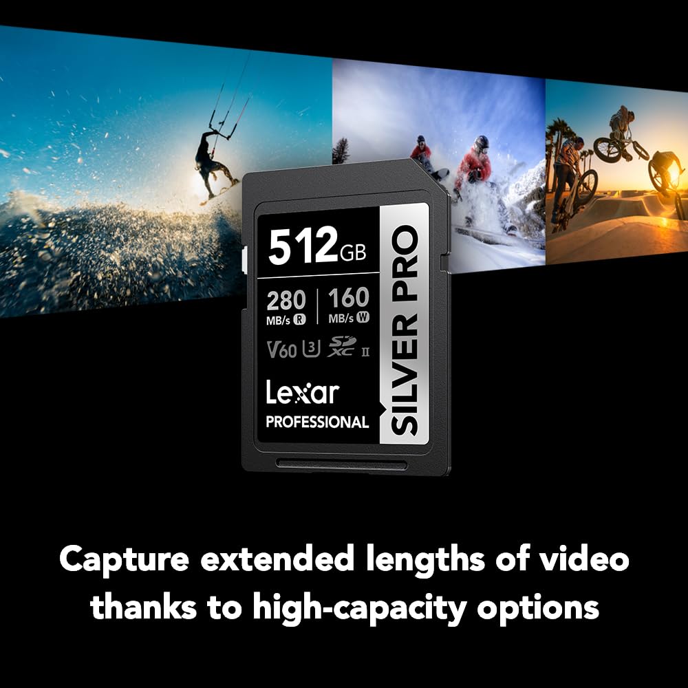 Lexar Scheda di memoria professionale Silver Pro da 512 GB, UHS-II, C10, U3, V60, Full HD, 4K, fino a 280 MB/s in lettura, per fotografi professionisti, videografi e appassionati (LSDSIPR512G-BNNNU)