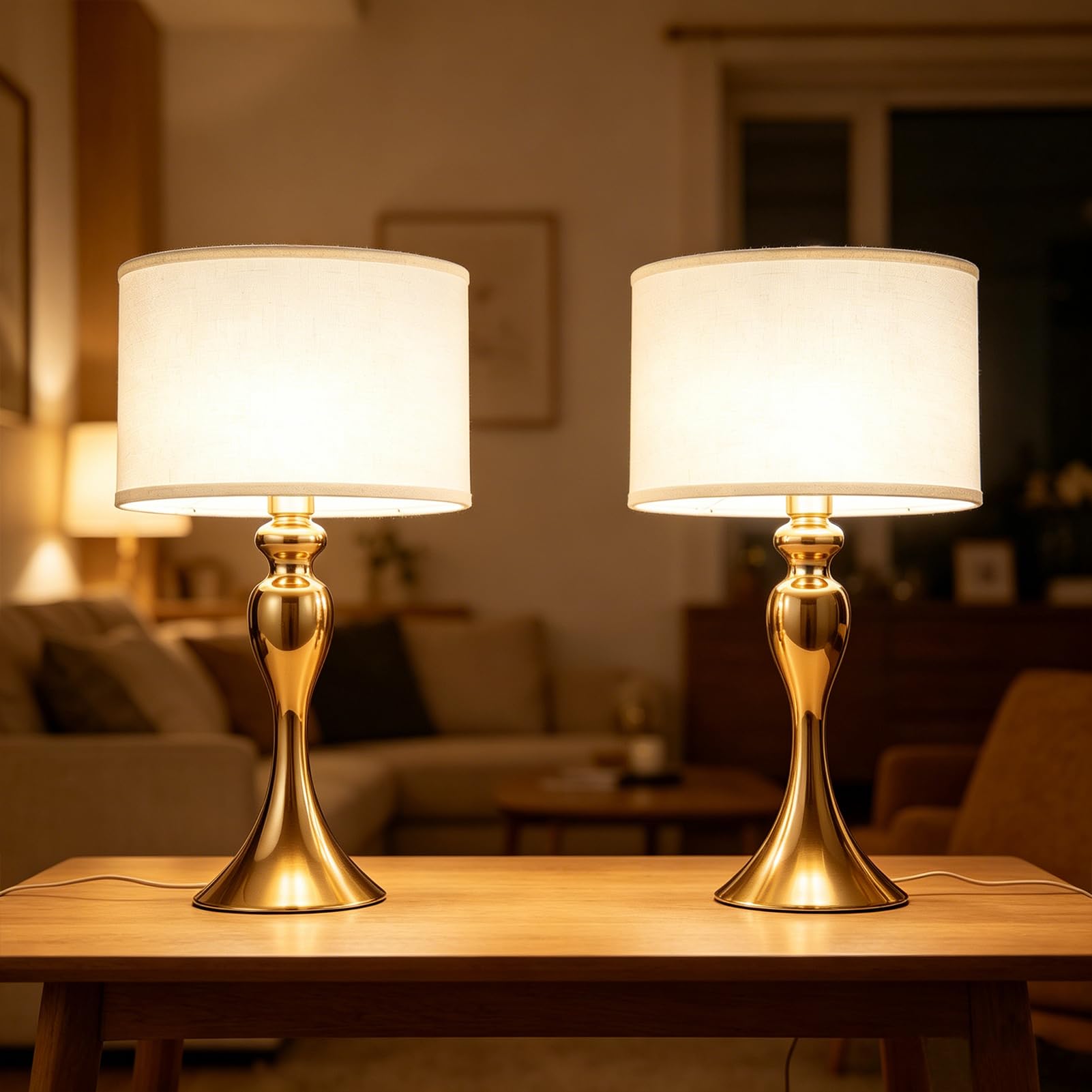 Amy&Lucky Bedside Table Lamps for Living Room, Adjustable Brightness Metal Table Lamp for Bedroom, Farmhouse Vintage Led Desk Lamp with White Fabric Shades (2 Pcs)