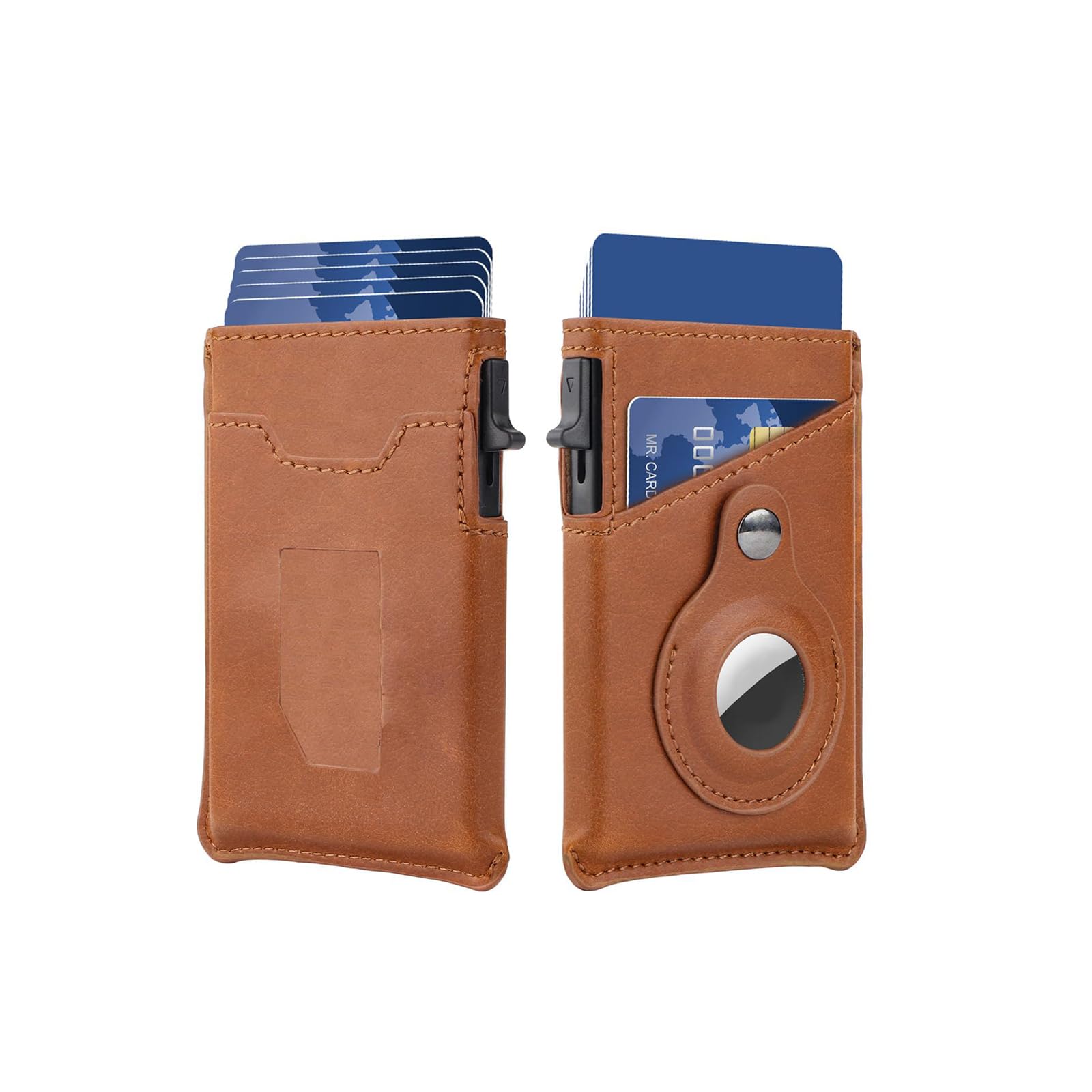 KASTWAVE Card Holder Wallet with Airtag Holder & ID Window, Pop Up Premium Genuine Leather Compatible with Apple Air Tag, RFID Blocking, Slim, Minimalist 6-9 Card Capacity