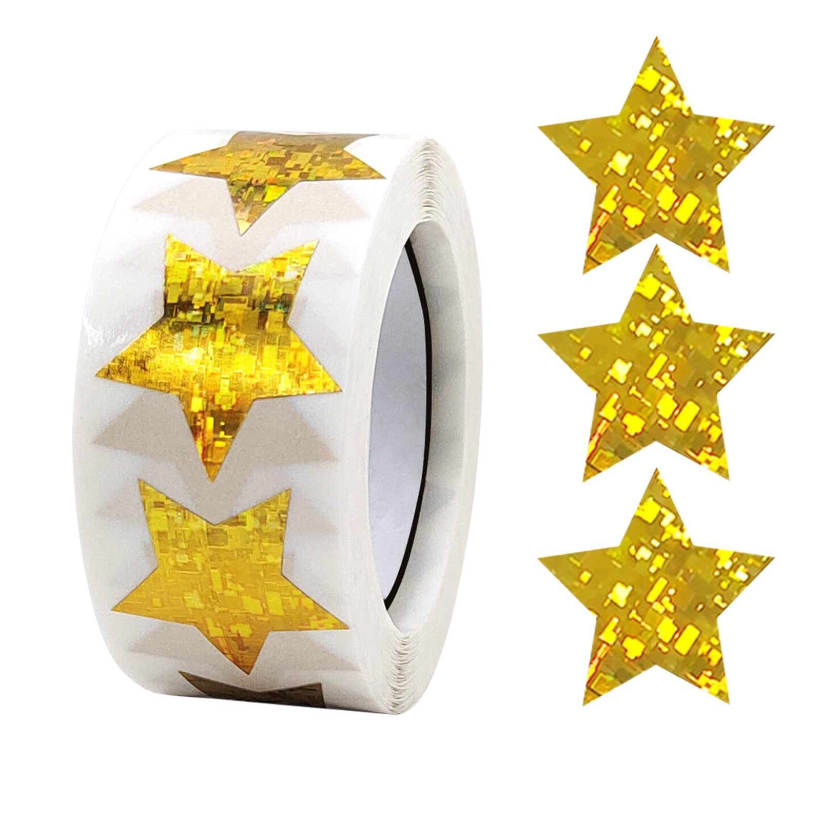 Bekecidi 500 pegatinas de estrellas doradas, 1 rollo de estrellas doradas autoadhesivas, pegatinas de gráfico de recompensas de 2,5 cm, pegatinas metálicas de estrellas holográficas(Style-E)