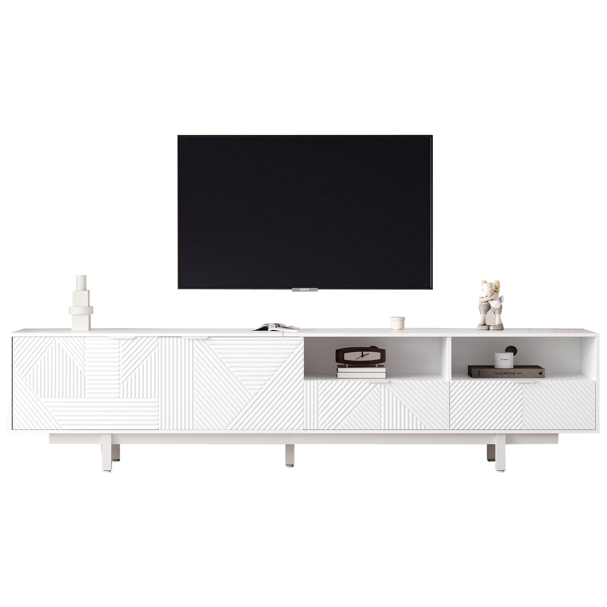TV Lowboard 200 cm Weiß mit geometrischem Muster, TV Schrank für 90 Zoll Fernseher, modernes TV Board mit Stauraum & Türen, TV Unterschrank mit Kabelmanagement & Metallfüßen