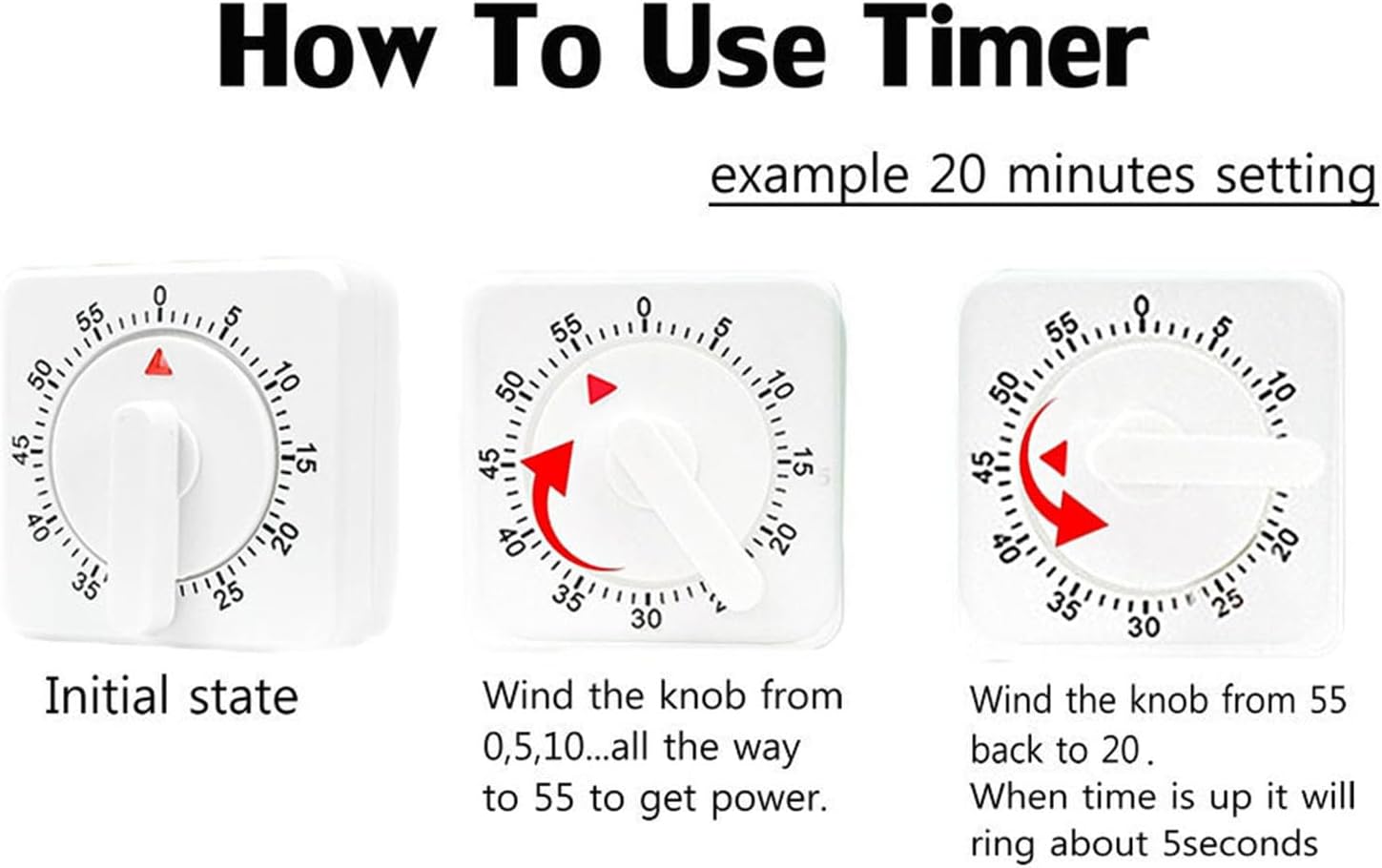 2 Pcs Kitchen Timer with Alarm : Square 60 Minute Mechanical Visual Cooking, Time Management Tools Hour Manual Countdown Timer for Baking, Homework, Exercise Auto Off No Batteries Required White