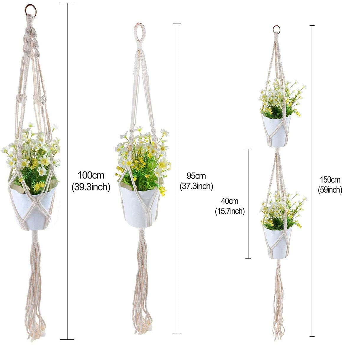 Lot de 3 suspensions en macramé pour Plantes - pour intérieur et extérieur - Blanc - Style BCD - 99,3 cm, 94,3 cm, 140,2 cm