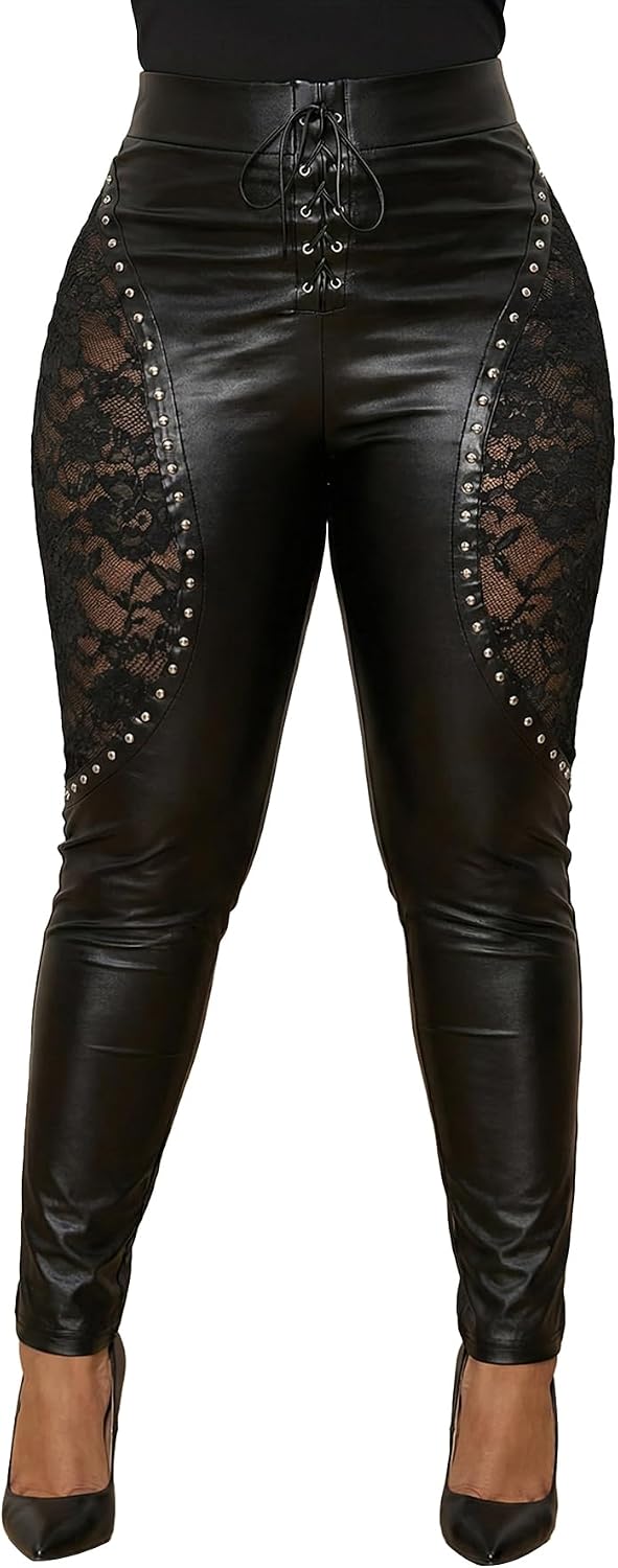 Women's Plus Size PU Leather Lace Leggings Punk Mesh Skinny Rave Club Pants Night Out Outfit