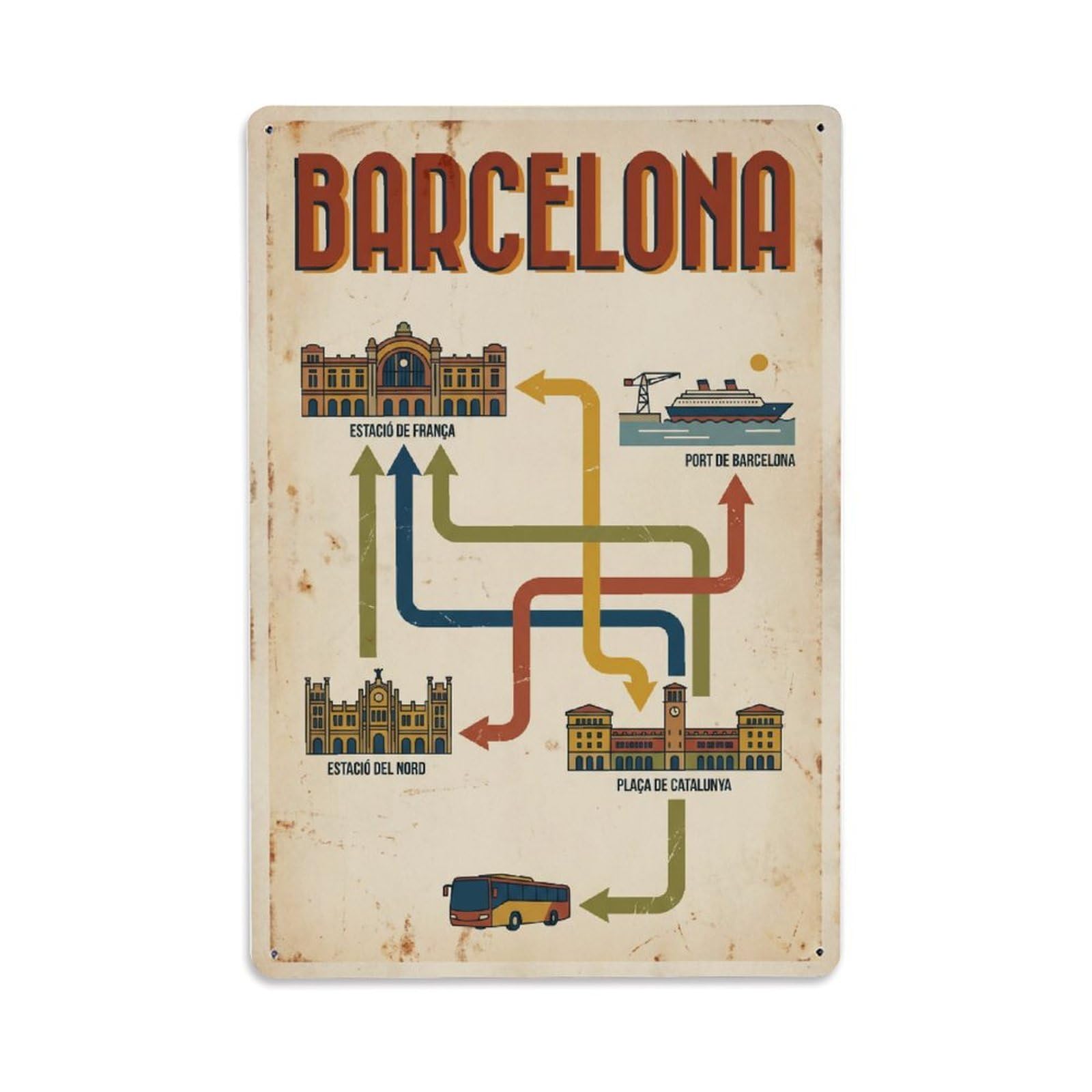 Vintage Travel Hubs Spain Transit Metal Tin Sign Plaque Wall Decor for Cafe, Club Bar, Office, Home Garden Metal Poster 8x12Inch