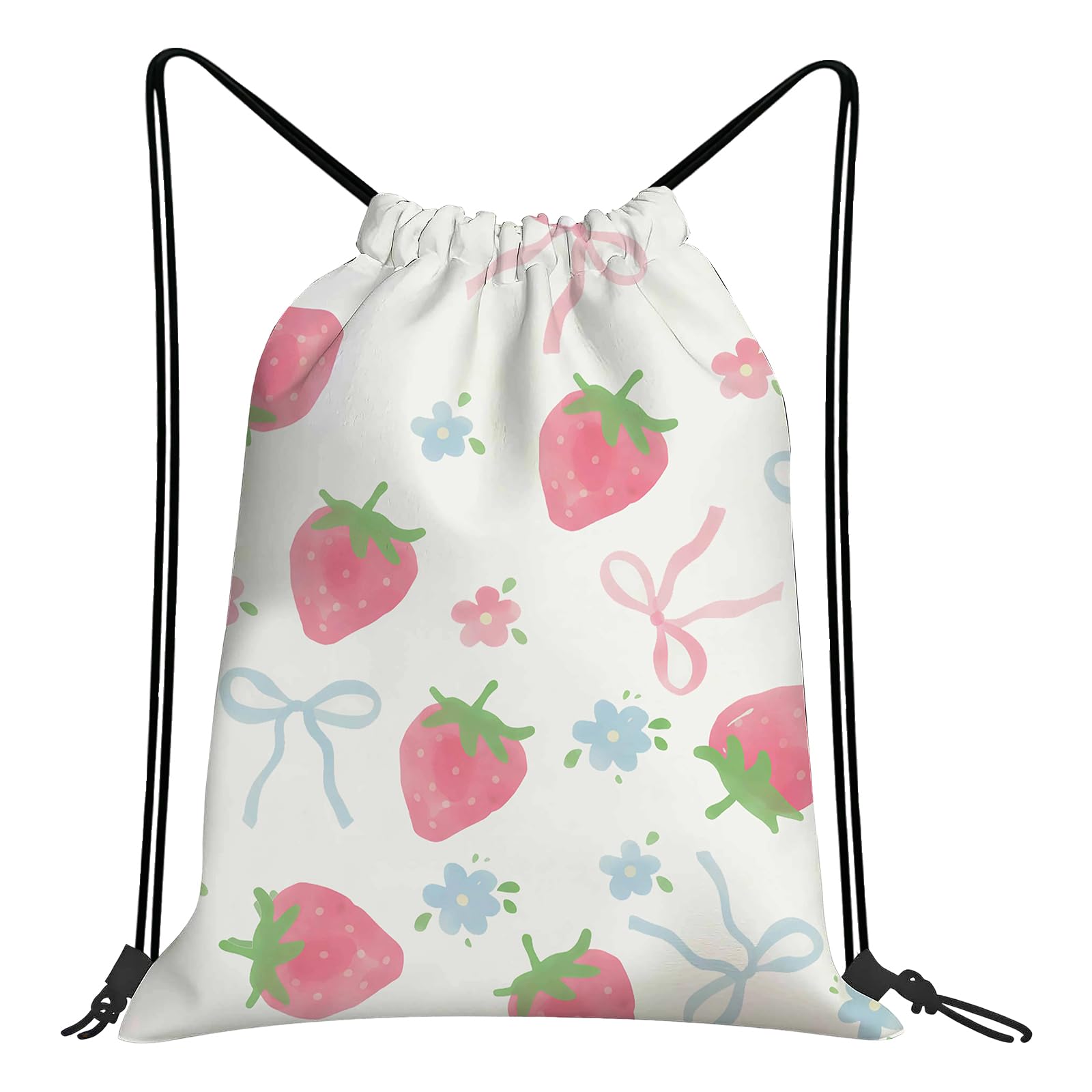 Cunegra Bow Drawstring Bag, Waterproof Swim & Gym Bag for Women, Strawberry Drawstring Backpack with Pink Bow Pattern, Draw String Bags for School Swimming Travel Fitness Climbing Hiking Picnic