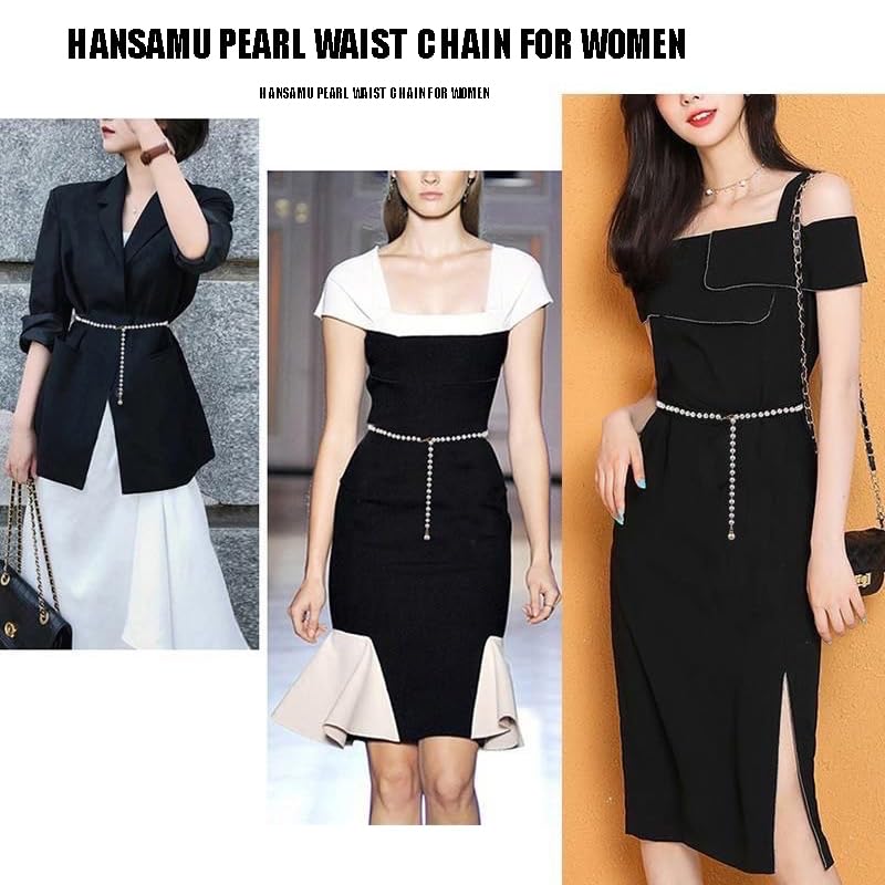 Pearl Waist Chain for Women Girls Dress Shirt Decoration, Skinny Metal Cinch Belt2