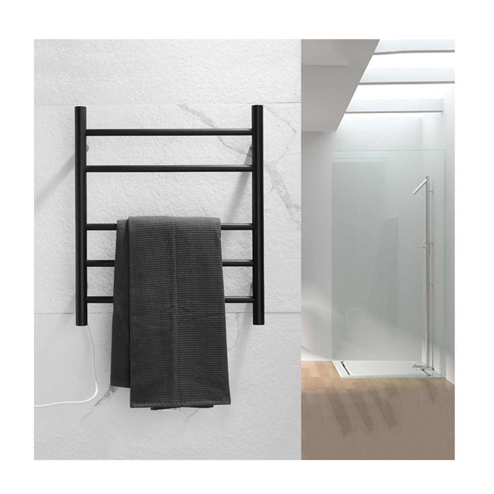 Calentador de toallas para baño negro enchufable de instalación mural