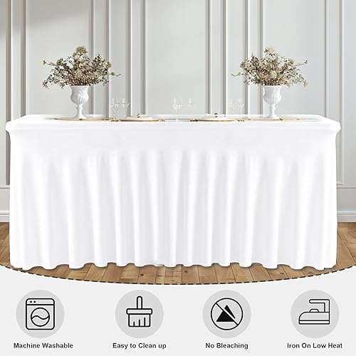 Miniatura 4 de Paquete de 2 manteles rectangulares blancos, lavables y elásticos para mesas de 6 pies, sin arrugas y reutilizables, ideales para fiestas,