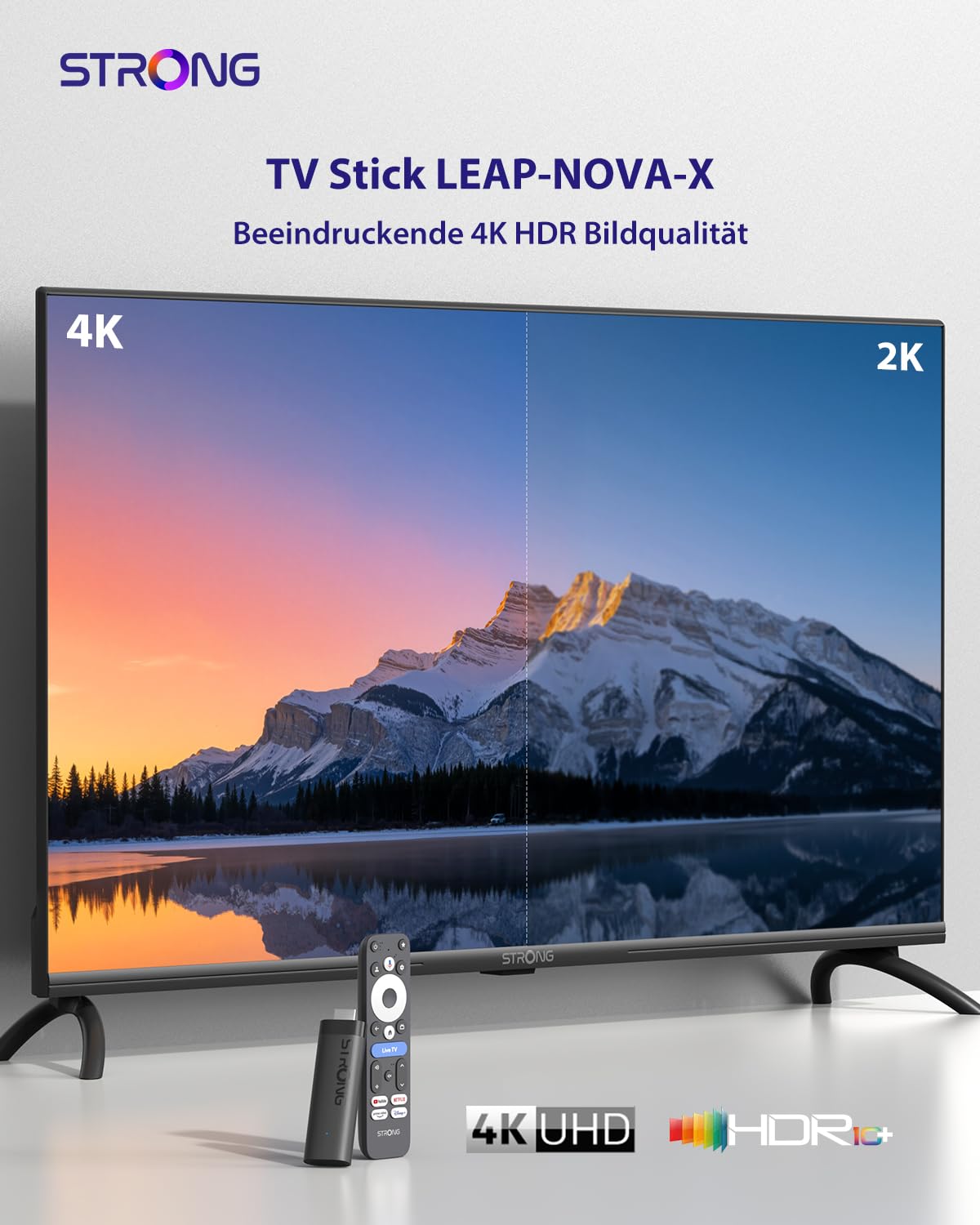STRONG LEAP-NOVA-X Streaming TV Stick 4K Ultra HD Android 14 32GB Dolby Vision HDR10+ Wi-Fi 6 HDMI 2.1 Sprachsteuerung