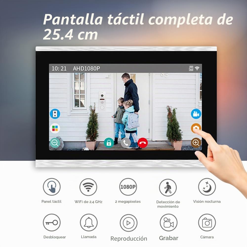 ANJIELO SMART Cámara de Video Timbre 1080P con Pantalla táctil de 10 Pulgadas, intercomunicador de Timbre de Video, (1 Timbre + 3 Pantallas)