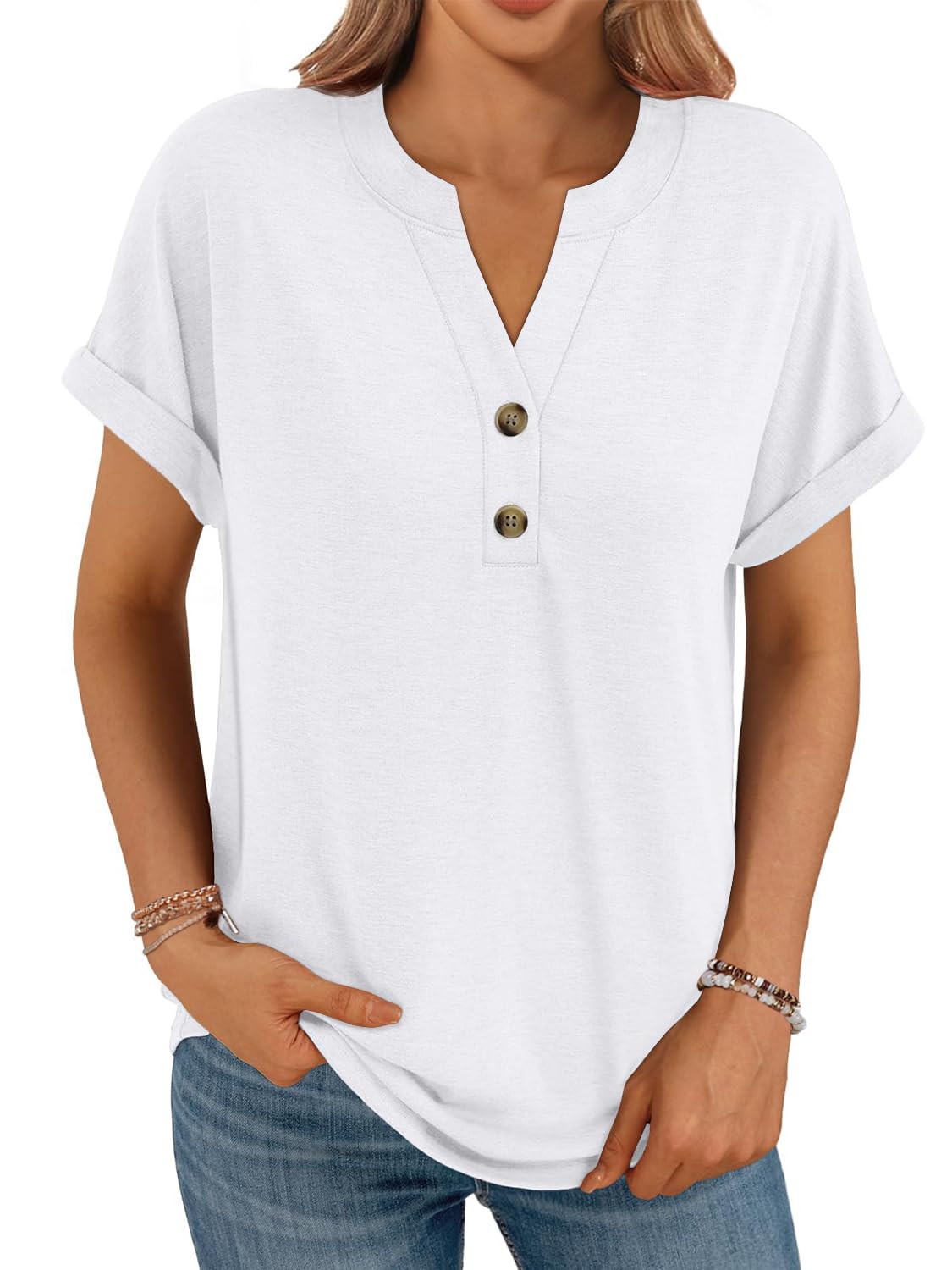 Cuptacc Shirts Damen Sommer Kurzarm V-Ausschnitt Mit Knöpfen Top Cap Sleeve Locker Tshirt Damen Casual Solid Color Weiß L