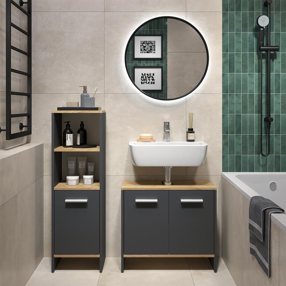 Vicco Conjunto de Muebles de baño Karli, Antracita/Roble Dorado, 63.8 cm, Compuesto por Mueble bajo para Lavabo y Columna de baño