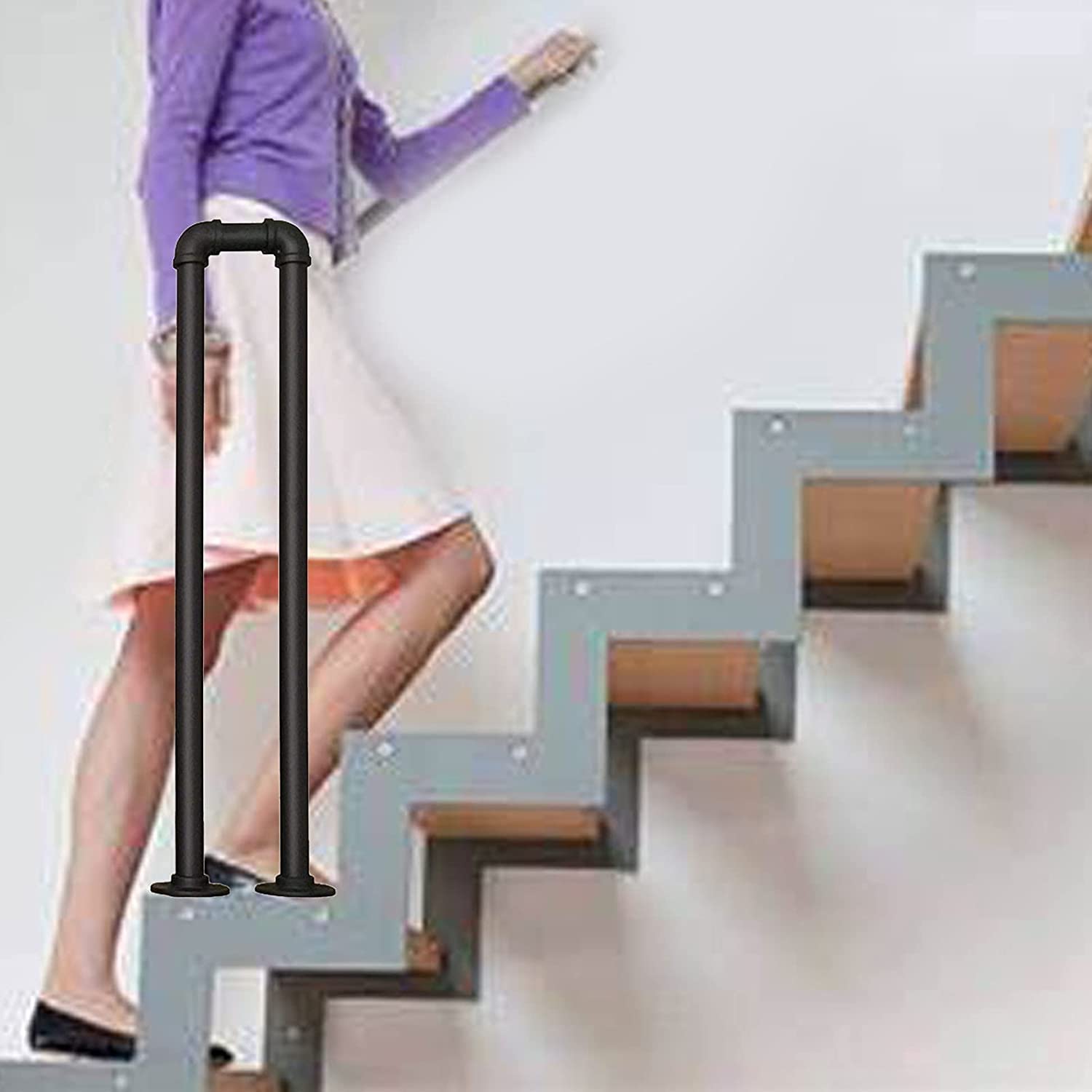 Handrails for Stairs Handrail Staircase Railing Elderly Child Safety Non-Slip Support Bar, U Type Wrought Iron Transitional Handrail Guardrails for Concrete Wooden Steps(90cm(2.95ft))