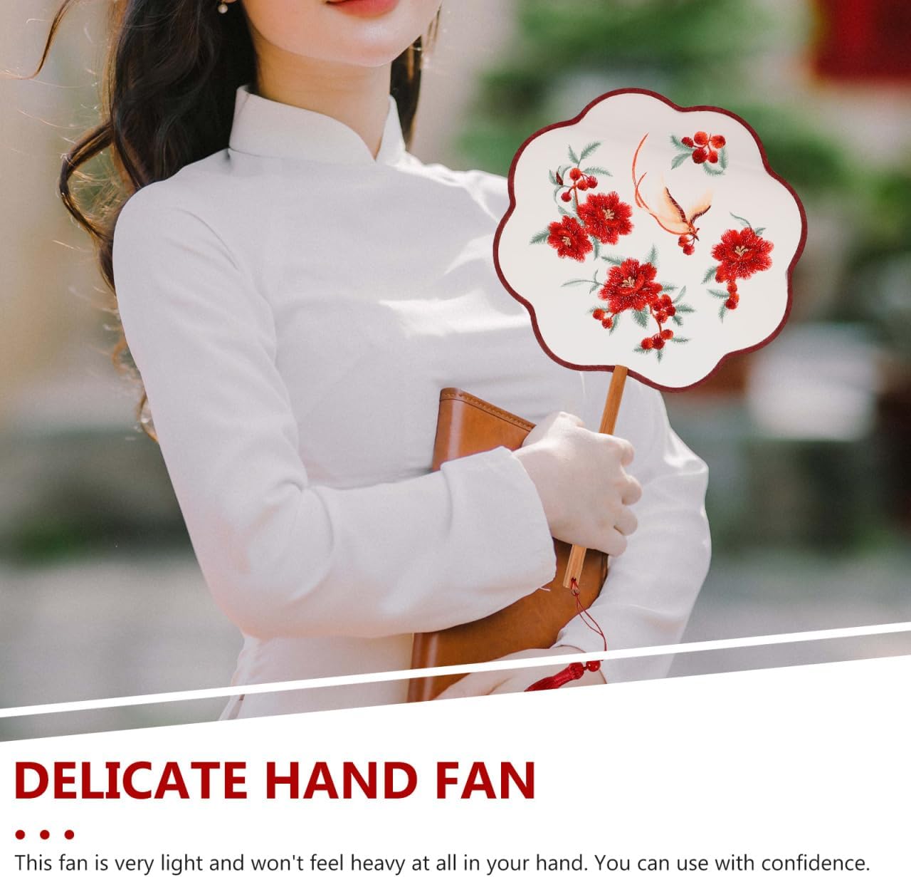 PRETYZOOM Double-Sided Silk Embroidery Fan, 13.38 x 7.95 in, Red Flower Phoenix Design, Handheld & Foldable for Traditional Decor, Dance & Summer Events, for Women