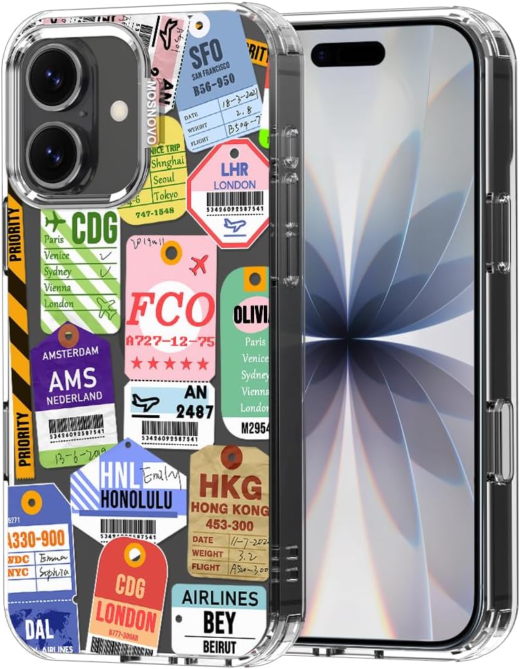 MOSNOVO for iPhone 17 Case | Military Grade 6.6ft Drop Tested | Camera Control | Clear with Air Ticket Labels Design