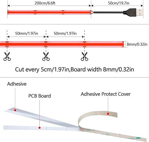 Miniatura 2 de DC 5V USB COB rojo LED tira de luz IP65 impermeable USB alimentado 6.6ft2M 640LEDs alto brillo flexible luces de cinta LED