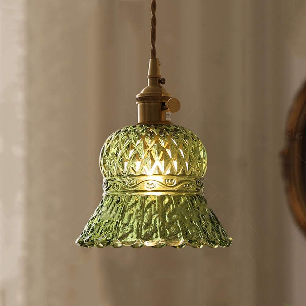 Lámpara colgante industrial de cristal verde con detalles de acabado premium para techo