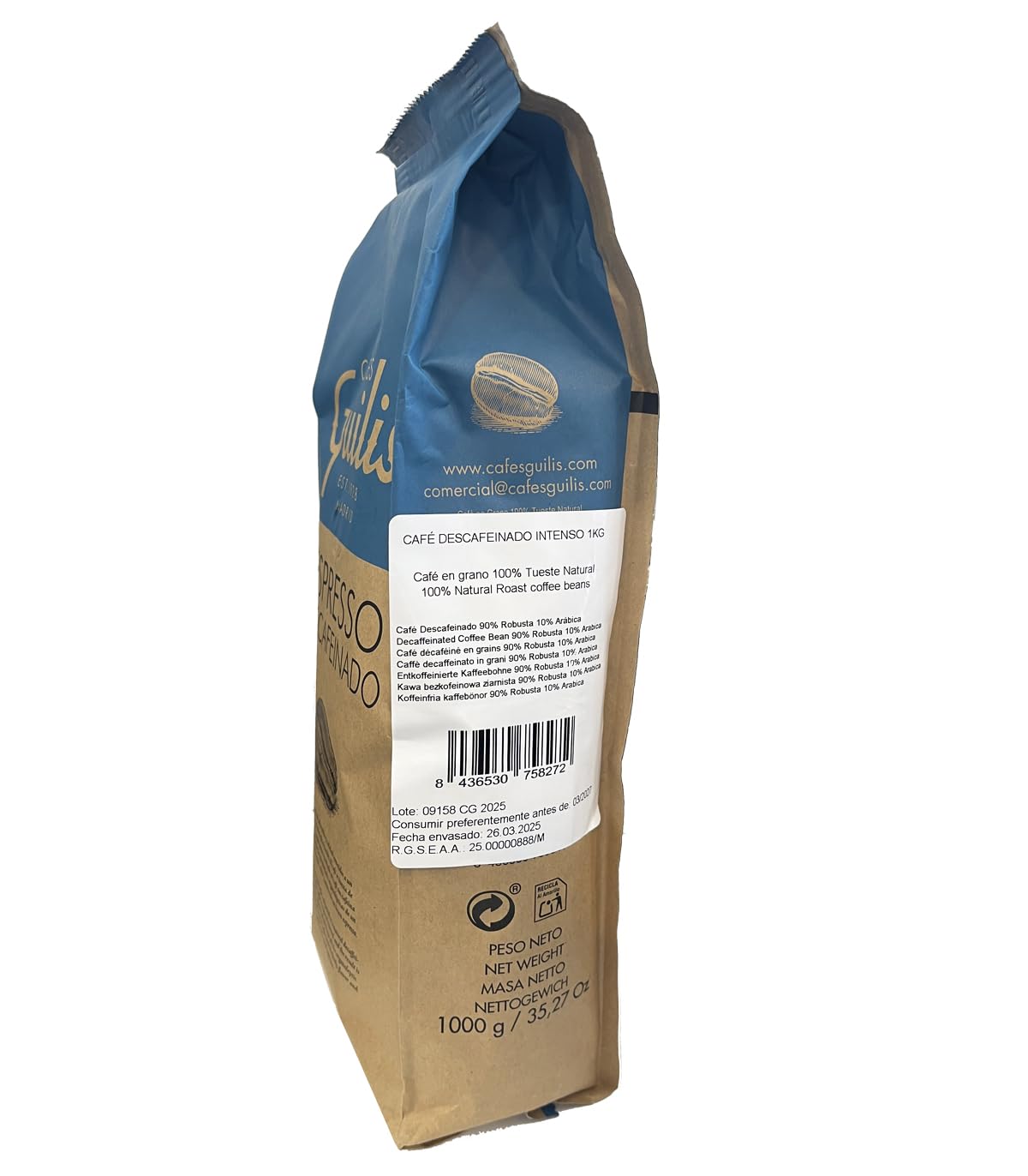 CAFES GUILIS DESDE 1928 Café Descafeinado en Grano 1 kg - Mezcla Intensa - Tueste Natural