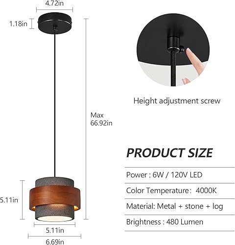 Miniatura 6 de Moderna lámpara colgante de cemento, luces colgantes de concreto con acento de madera, lámpara vintage de granja para cocina, isla, comedor, sala de