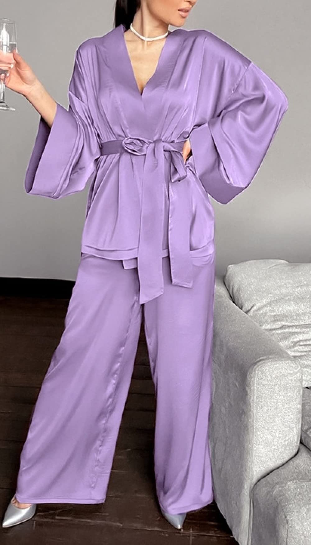 Ensembles De Pyjama Femme,Violet À Lacets Cardigan À Manches Longues Ensemble De Vêtements De Nuit Femmes Pyjama Deux Pièces Personnalité Douce Décontracté Loungewear Festival Cadeau pour Sœ