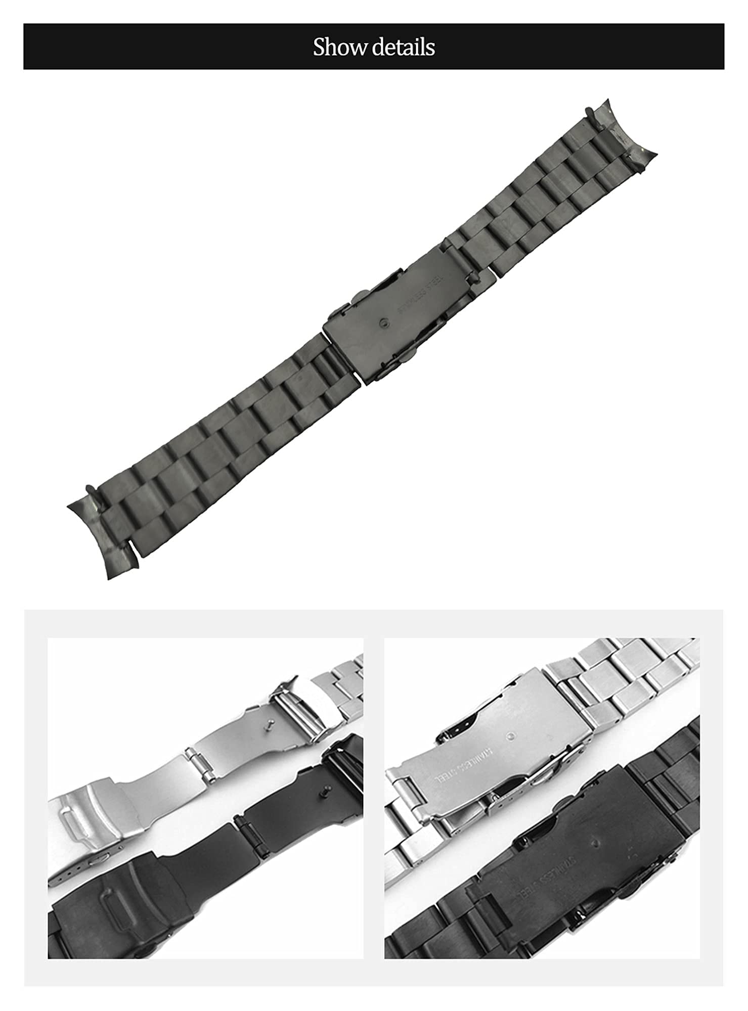 Bracelet de montre incurvé en acier inoxydable de 20 mm et 22 mm - Pour homme et femme - Double fermoir - Boucle de rechange