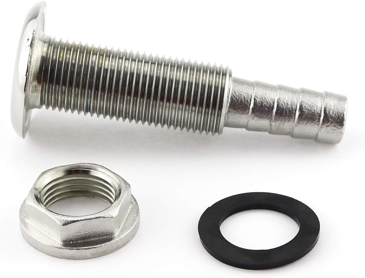 Marine Grade Stainless Steel Barbed Standard Length Straight 1/2" ID Thru-Hull with Nut&Custom Gasket for Boat