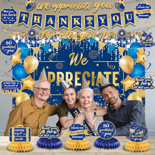 Image of We Appreciate You Decorations Blue Gold Thank You for All You Do Banner Honeycomb Centerpieces Hanging Swirls Employee Staff Appreciation Gift Pastor Teacher Doctor Retirement Appreciation Party Decor
