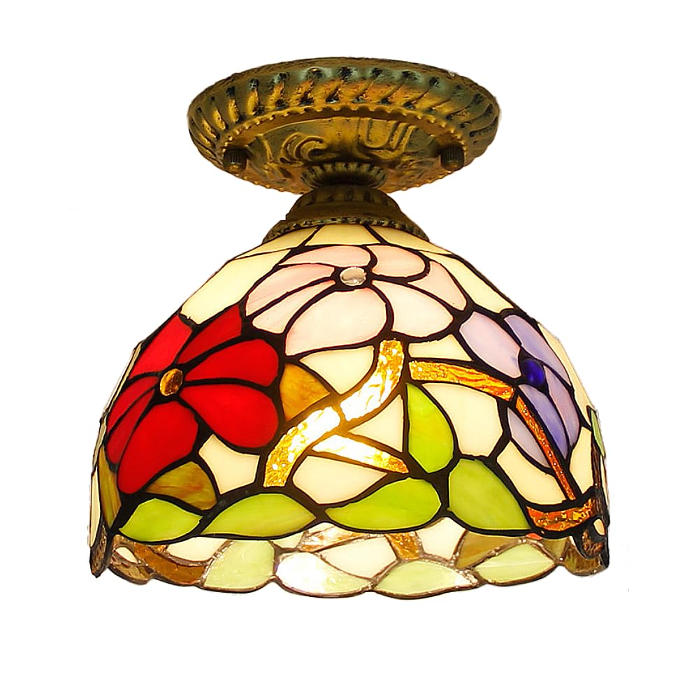 METTEOR Tiffany E27 Ceiling Light Fixture Handmade Chandelier With Colored Glass Lampshade Decorative Art For Living Room Bedroom Dining Room (E)