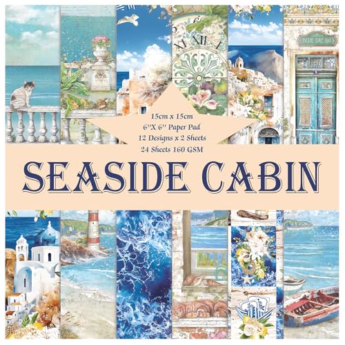 Seaside Cabin Scrapbook Paper, 24 Sheets 6\"Ã—6â€ Single-Sided Patterned Cardstock Pads,160gsm Vintage Decopodge Scrapbook Supplies, Junk Journal Decorative Crafts DIY Album Card Making Art Journaling