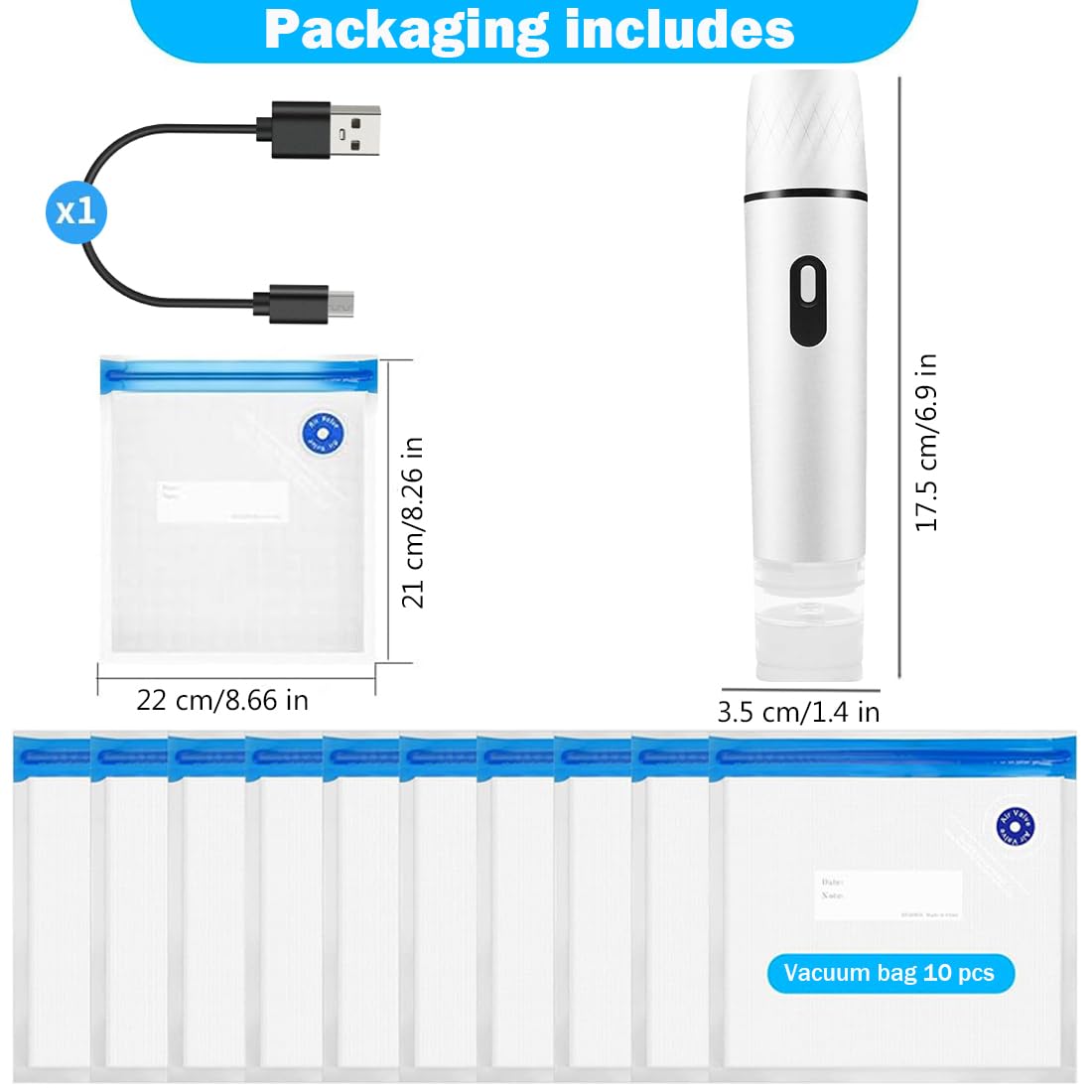 Sigillatrice sottovuoto portatile per alimenti, mini sigillatrice sottovuoto elettrica, ricaricabile, con 10 sacchetti sottovuoto riutilizzabili, per conservare e conservare gli alimenti