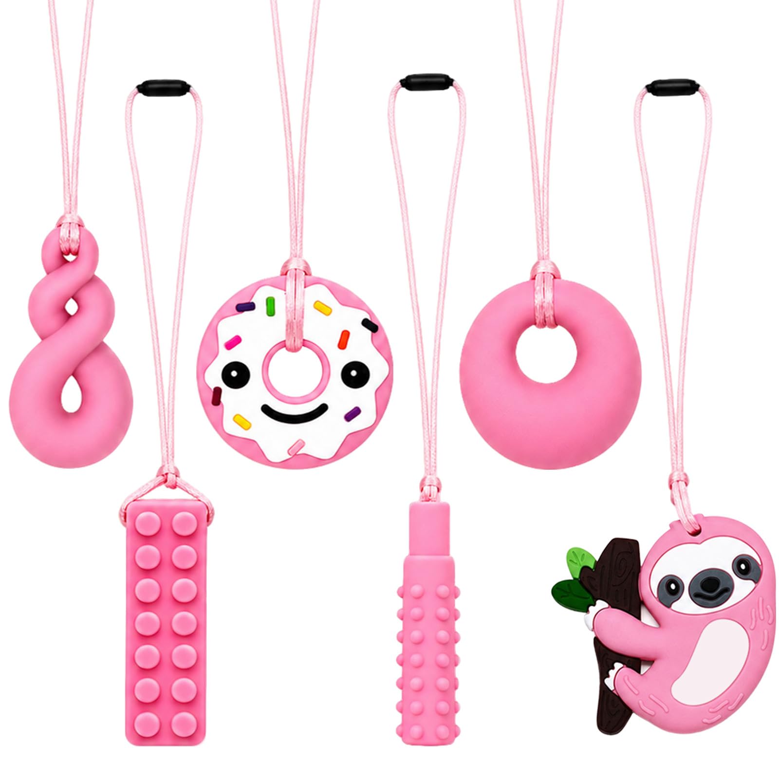 KASURE Sensory Chew Necklaces for Kids, 6 Pack Pink Sloth Chew Necklace Set
