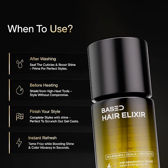 BASED Hair Elixir - Weightless Shine Serum with Heat Protection, Controls Frizz & Flyaways, Nourishes with Meadowfoam & Mongongo Oils, Science-Backed Formula for All Hair Types (1 Fl Oz, Pack of 1)