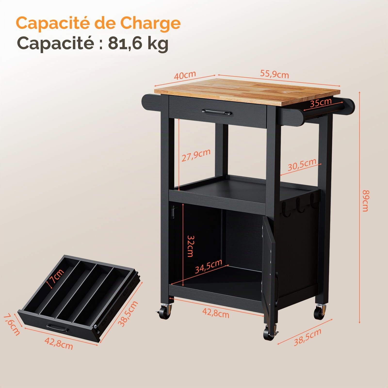 Bonnlo Desserte de Cuisine Roulante, Chariot de Rangement à roulettes avec Tiroir et Placard, Plan de Travail en Bois, Chariot de Service pour Salle à Manger, 74 x 63 x 89 cm (Noir)